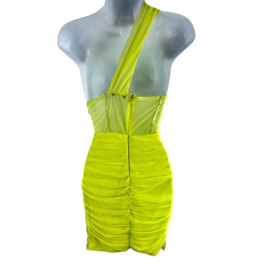 Banjul Neon Lime Green Corset Mini Dress Sz XS/S One Shoulder Rhinestone Beaded - Picture 5 of 11